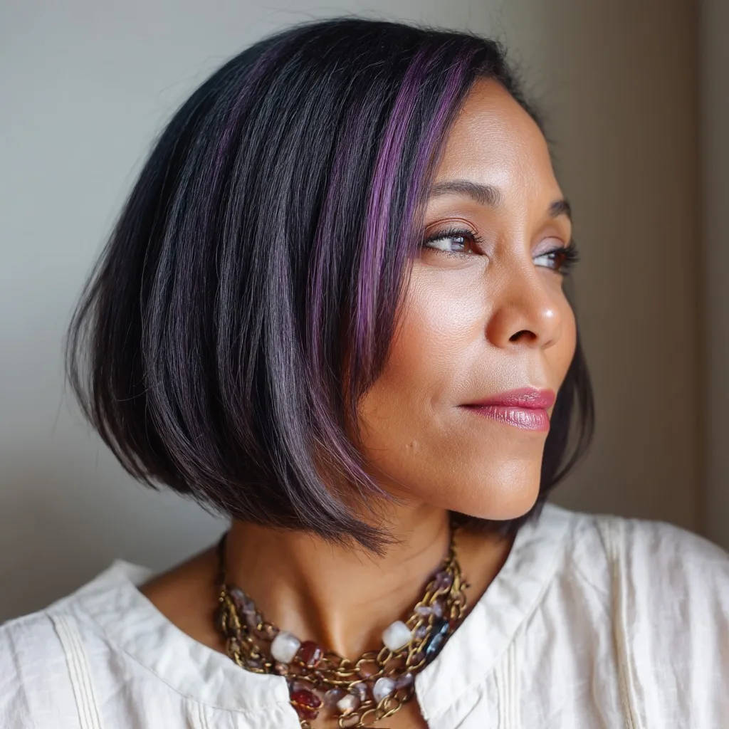 Chic Textured Bob with Vibrant Purple Highlights