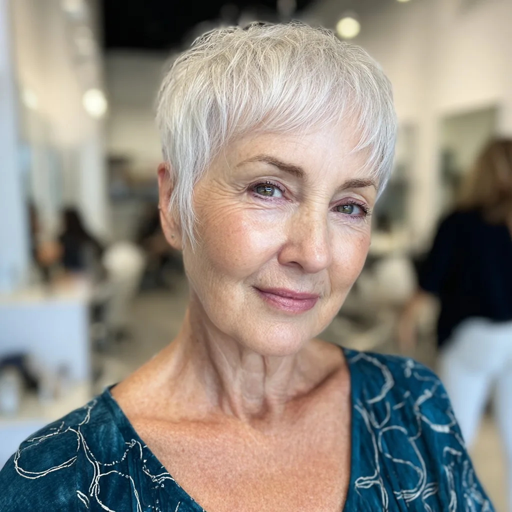 Chic Textured Silver Pixie with Delicate Micro Bangs