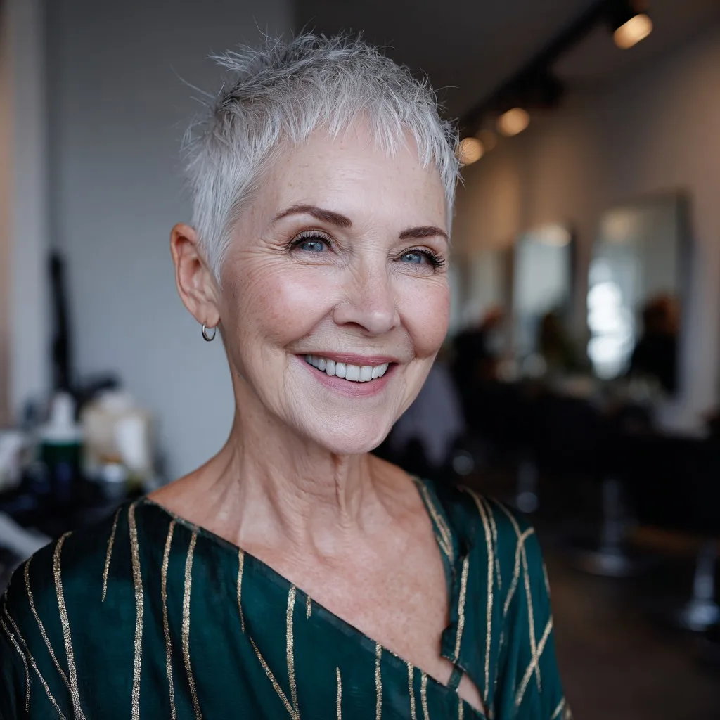 Chic Textured Silver Pixie with Micro Bangs