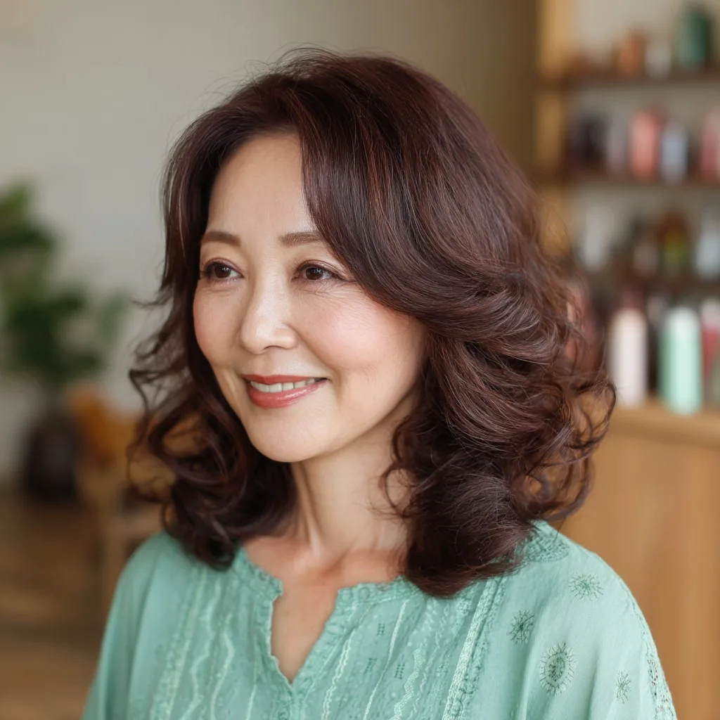 Chic Voluminous Curls with Warm Chestnut Highlights