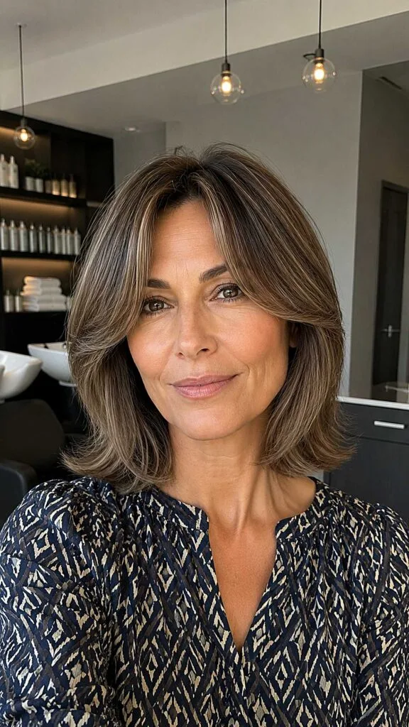 Chin-Grazing Brunette Bob with Blended Curtain Layers