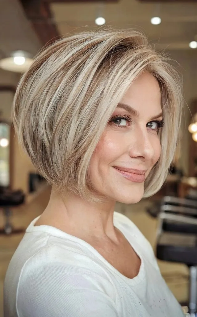 Chin-Length Blonde Round Angled Bob for Women Over 40
