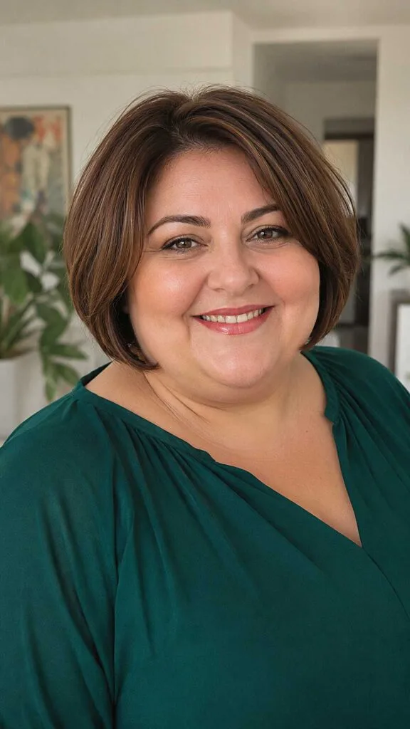Chin-length brunette bob with subtle caramel highlights