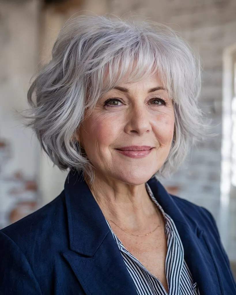 Chin length choppy bob with layered volume on mature woman with silver hair and soft bangs