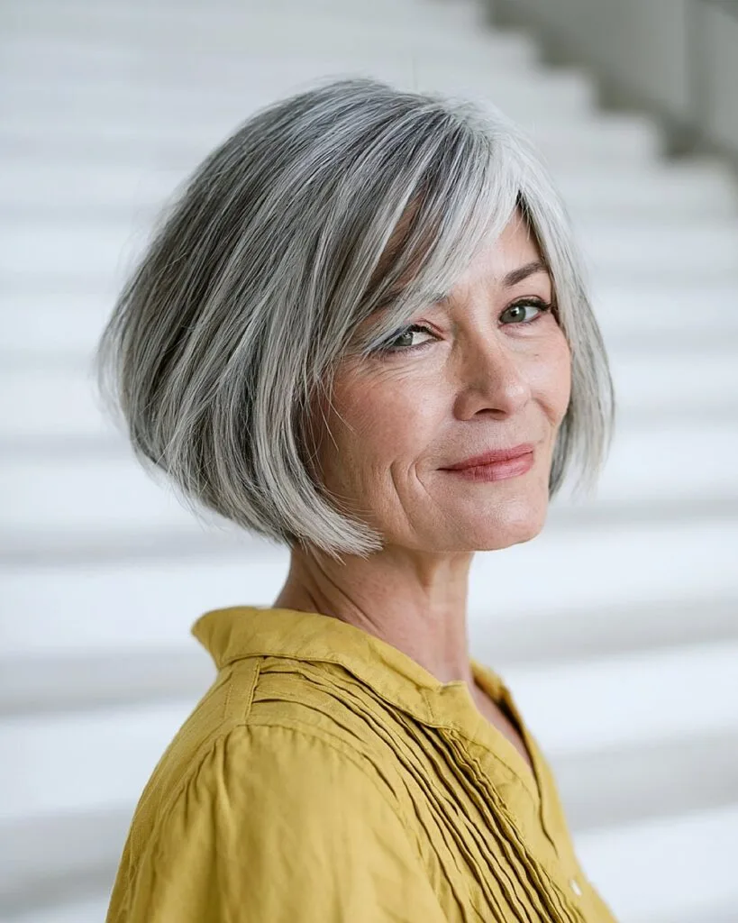 Chin-length gray inverted bob for women over 60 with soft layers and side bangs