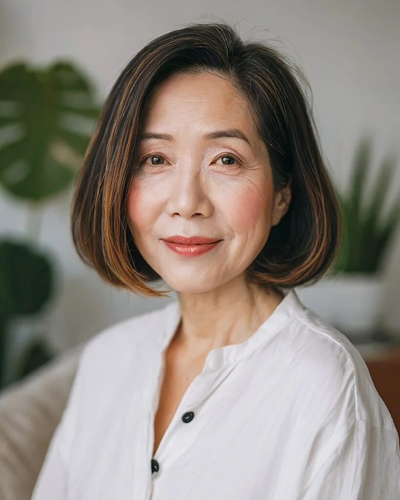 Chin-length lob on older Asian woman with dark straight hair and warm brown balayage