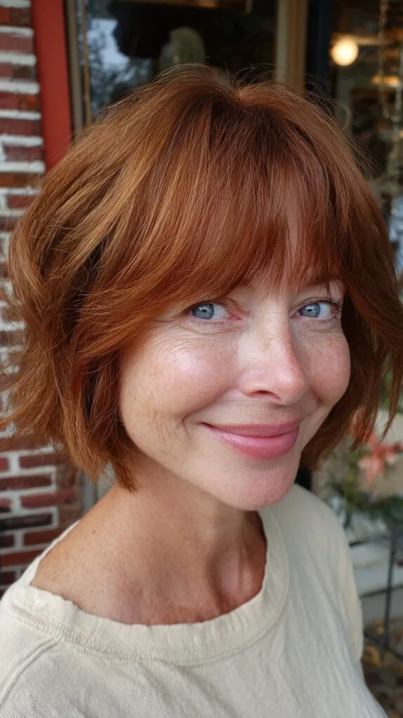 Chiseled Copper Chin-Length Bob with Wispy Curtain Fringe