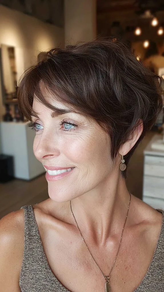 Chocolate brown layered pixie with swept side fringe