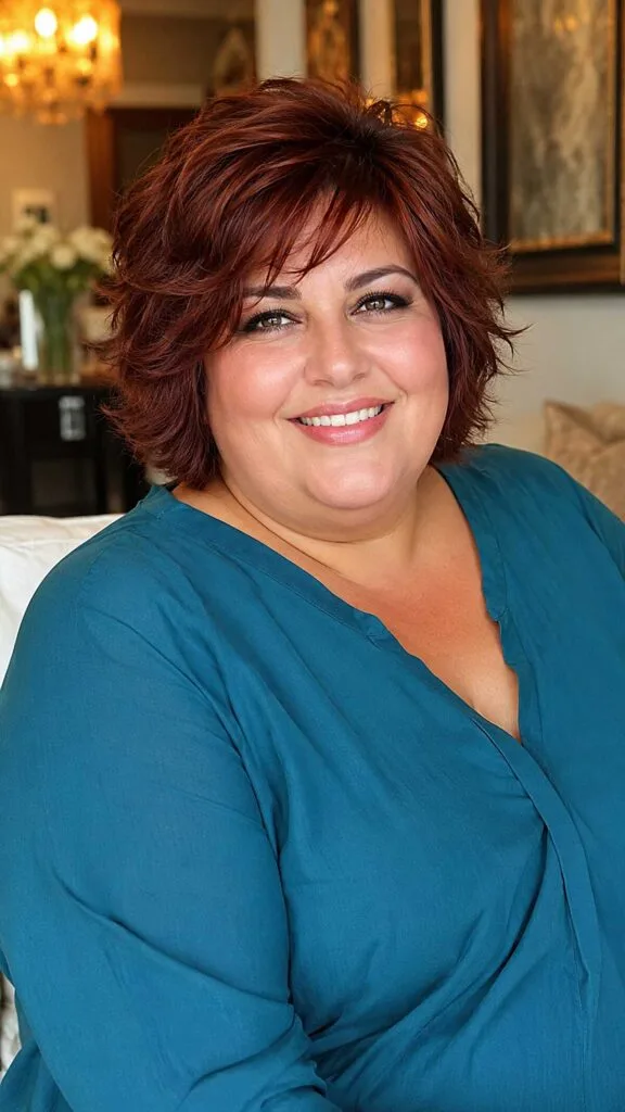 Choppy auburn red shag cut with feathered bangs on round face
