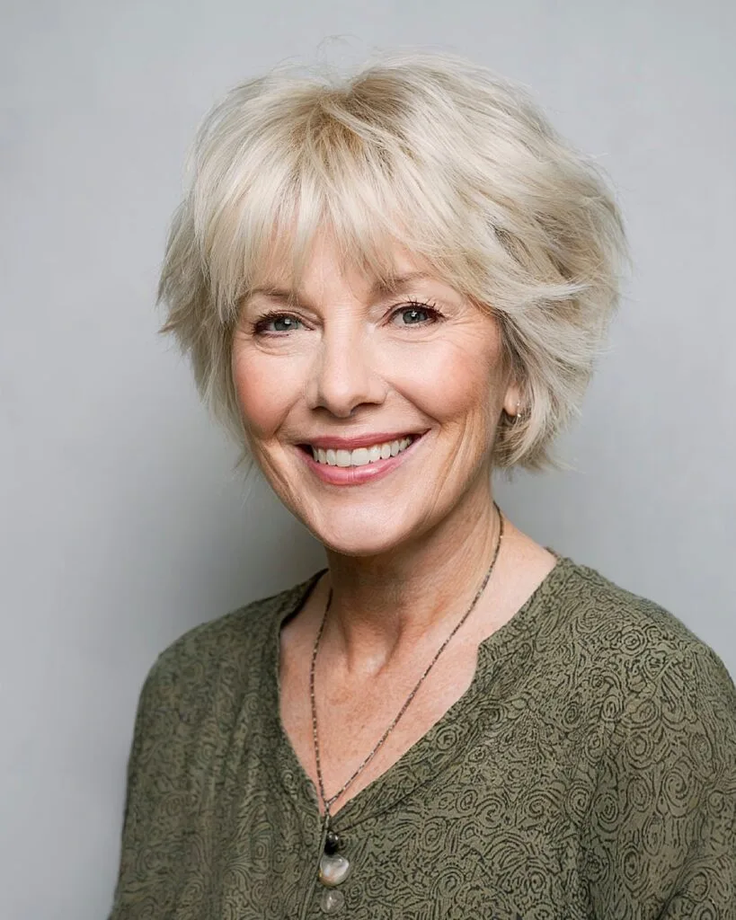 Choppy bob with bangs and volume at the crown for older woman with platinum blonde hair