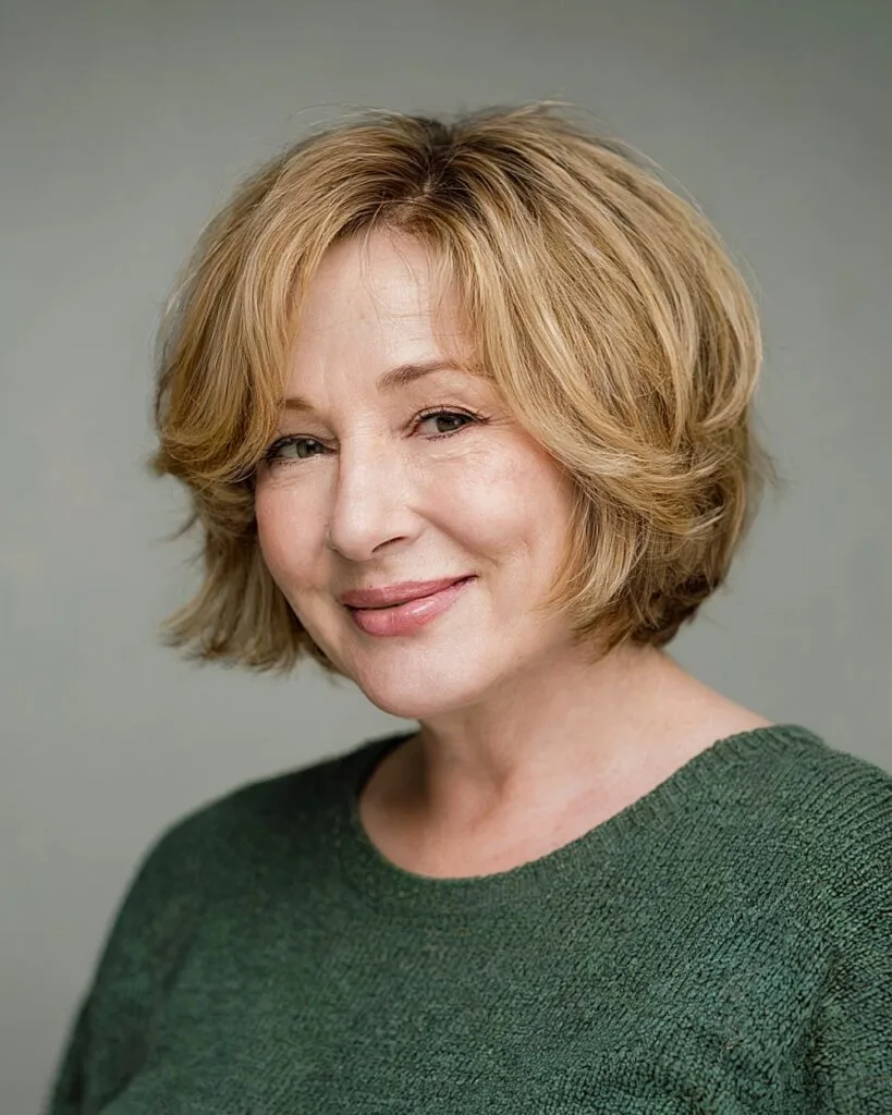 Choppy bob with face-lifting layers for older woman with blonde hair and rounded face shape
