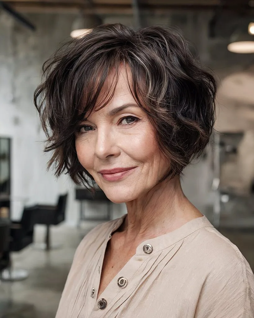Choppy bob with soft side bangs and tousled layers on older woman with light brunette highlights