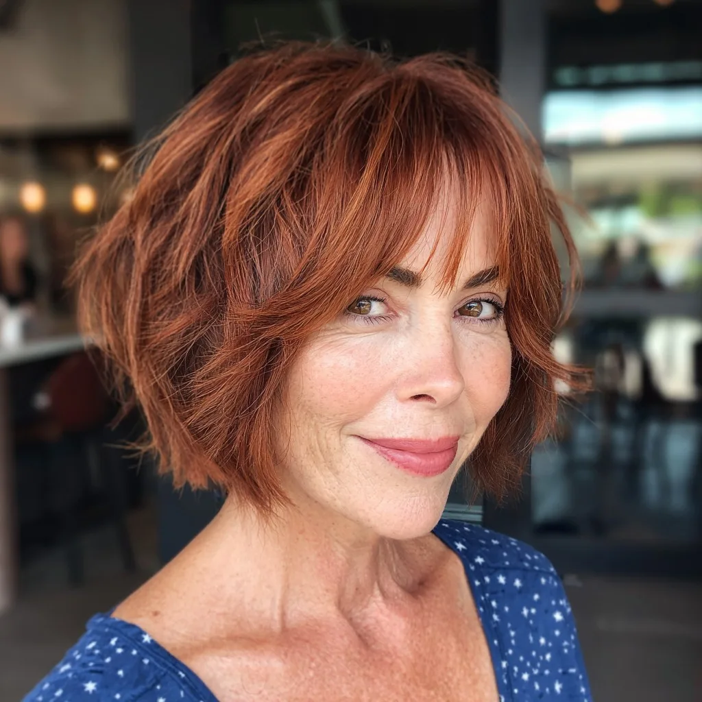 Choppy Copper Bob with Flattering Curtain Bangs