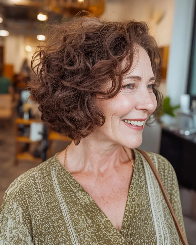 Choppy curly bob for older woman with natural volume and defined spiral texture.