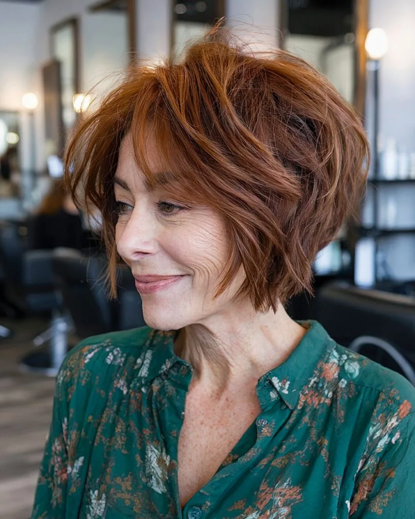 Choppy inverted bob for women over 60 with stacked back and textured layers