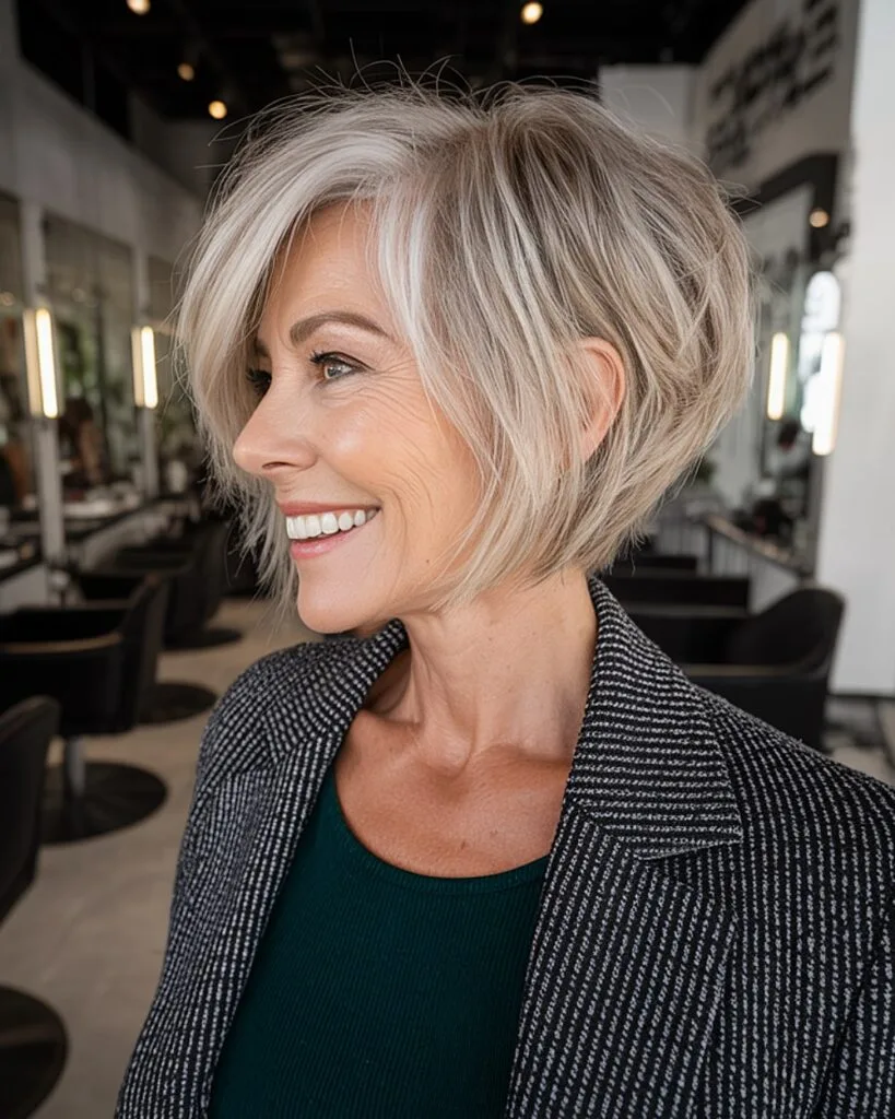 Choppy inverted bob with stacked back layers on mature woman with platinum blonde highlights