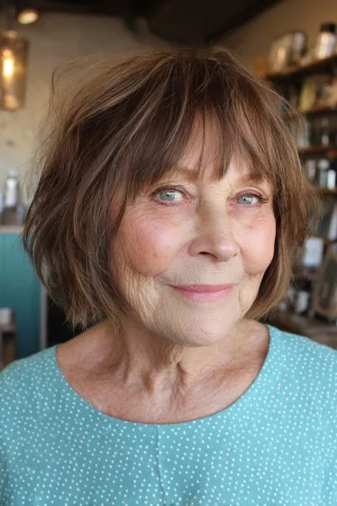Choppy Layered Brown Bob with Subtle Bangs