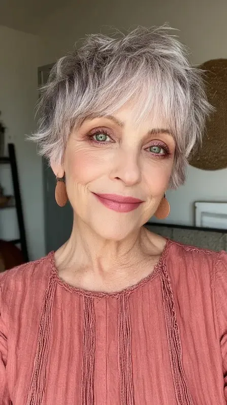 Choppy Layered Pixie Cut with Soft Silver Tones