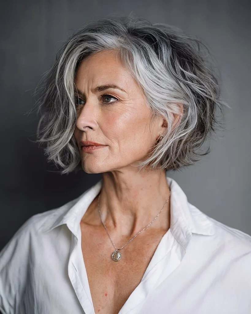 Choppy lob bob cut with side part and silver gray balayage on older woman with textured waves
