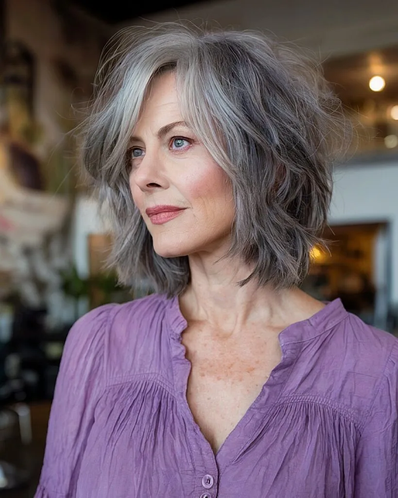 Choppy long bob with tousled waves on older woman with warm brown layers and curtain bangs