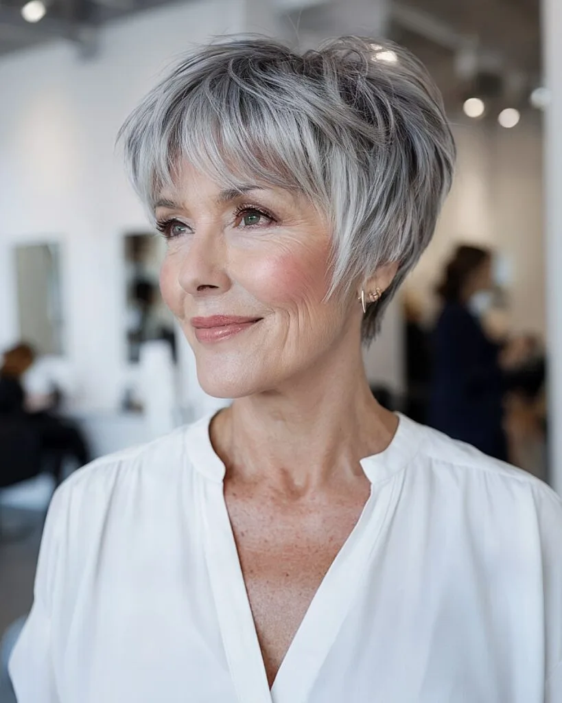 Choppy pixie bob with tapered layers on older woman with silver-gray hair and soft texture