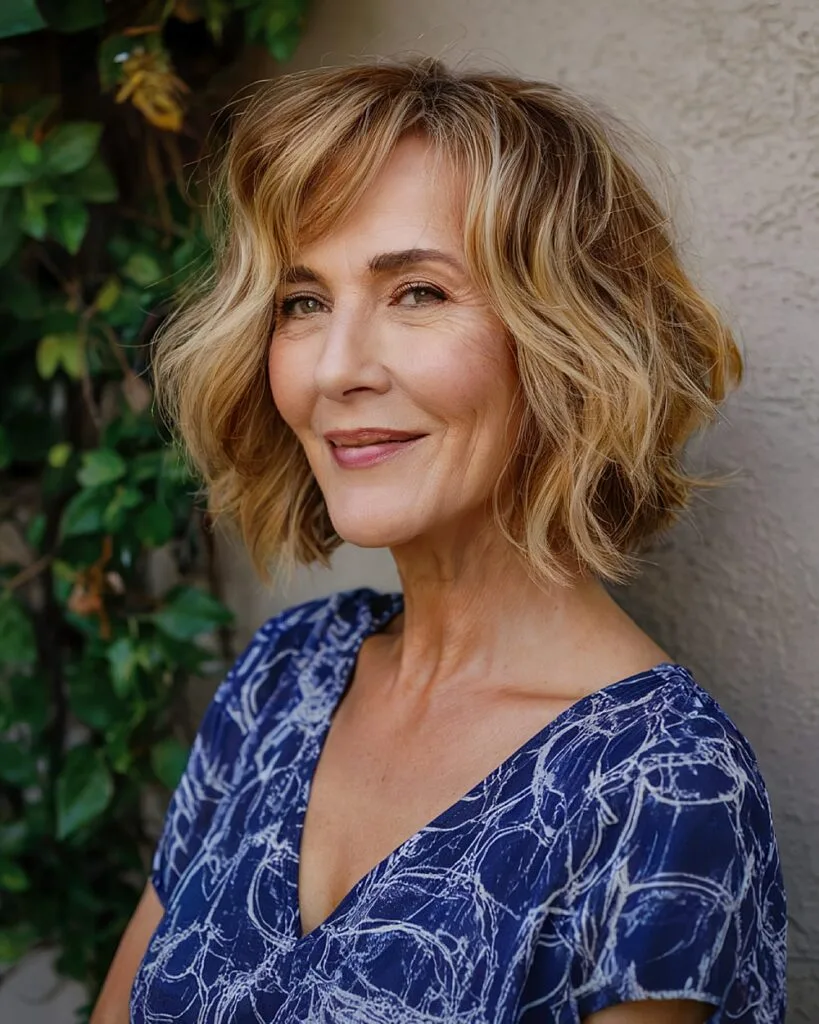 Choppy wavy bob with layered texture and blonde highlights on mature woman with soft waves