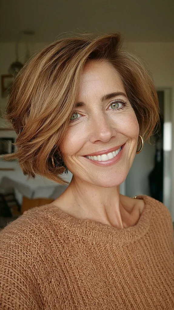 Cinnamon bob with swooping side-swept front layers