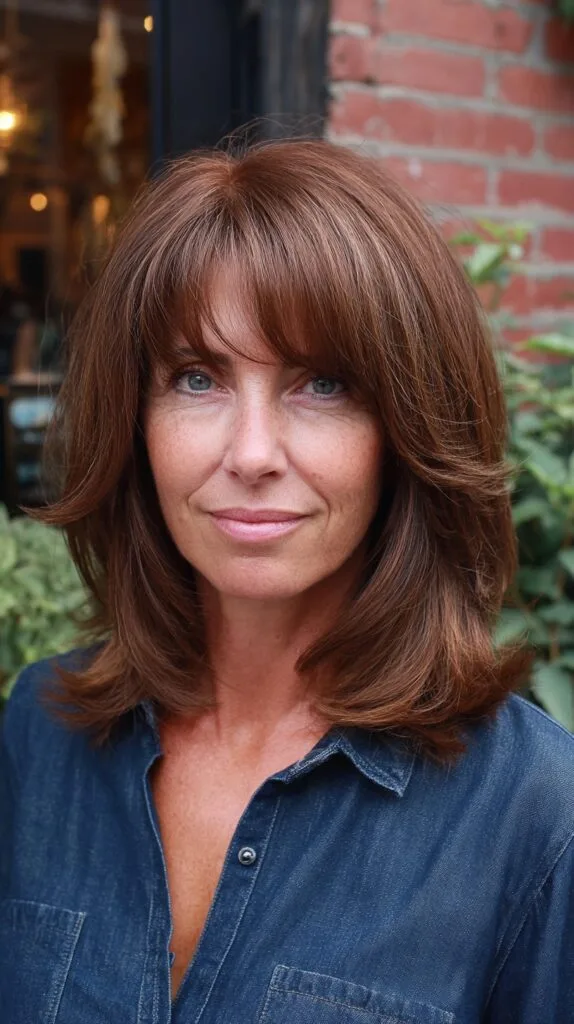 Classic Chestnut Lob with Blended Curtain Bangs