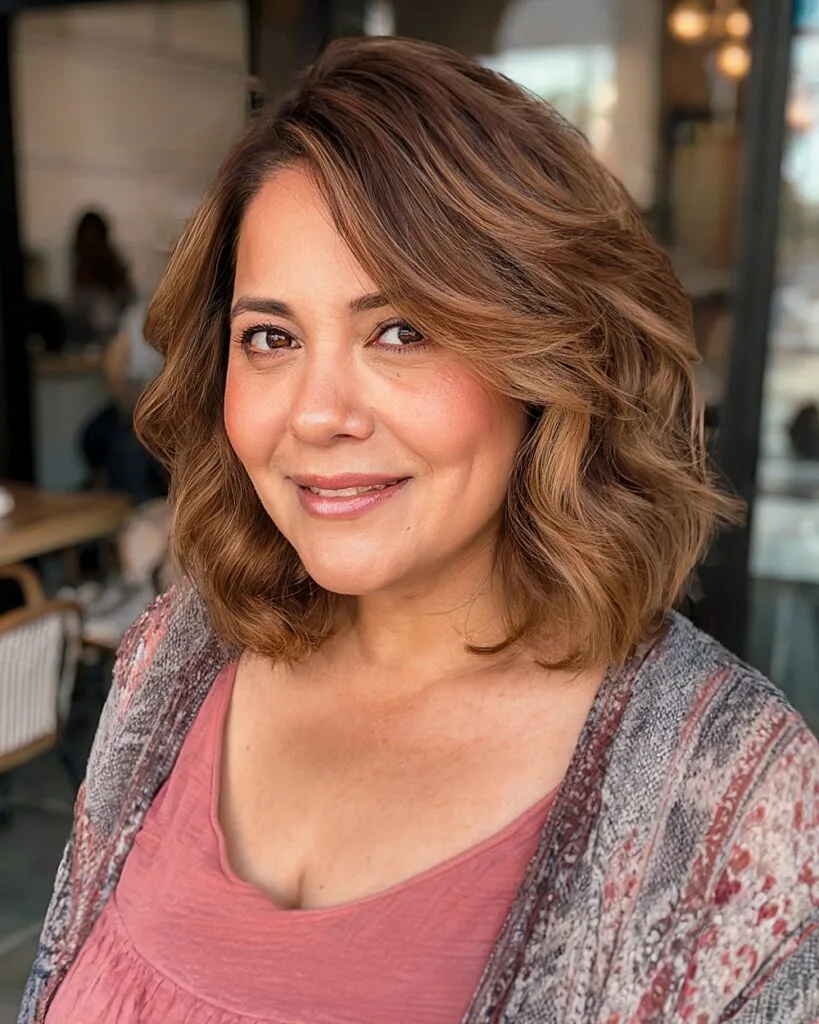 Collarbone-length cut with soft waves and side-swept volume for round-faced women over 40