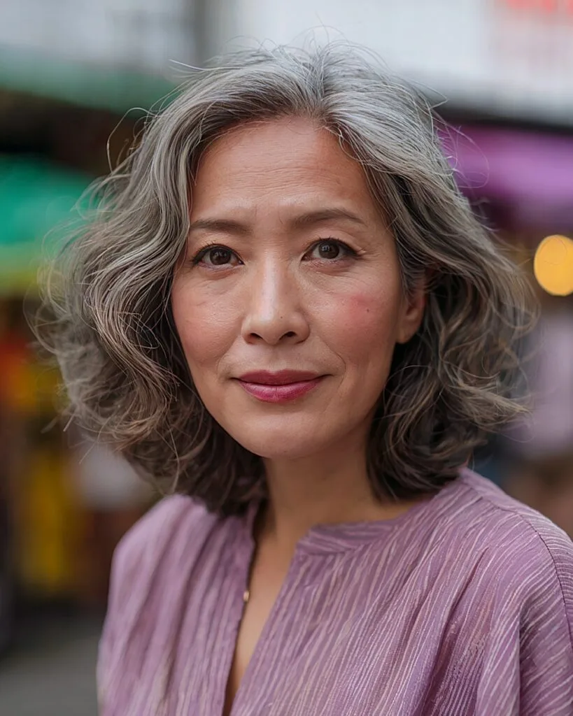 Collarbone-length wavy haircut on older Asian woman with silver streaked hair and side part