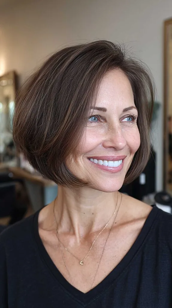Cool brunette angled bob with tucked-under layers