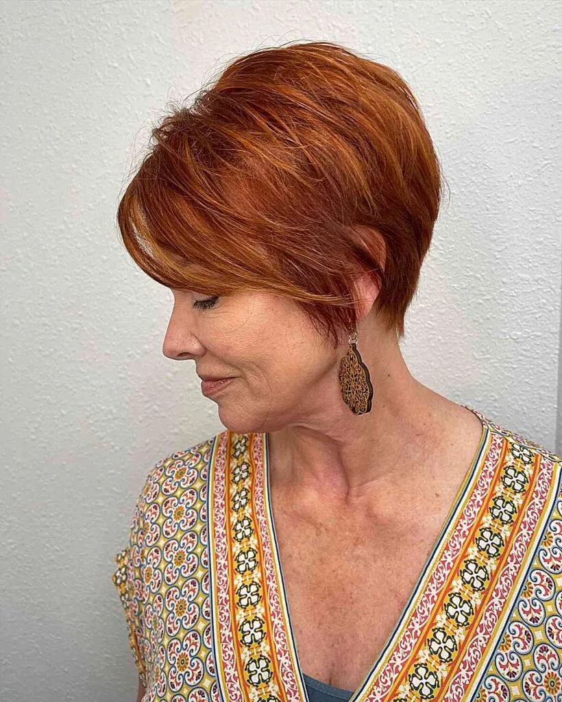 Copper Balayage on a Pixie Cut for Women 50 and Over