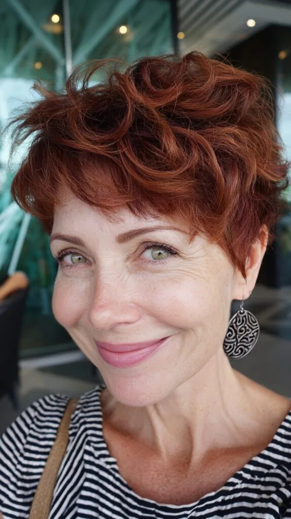 Copper Choppy Pixie with Tousled Crown and Tapered Nape