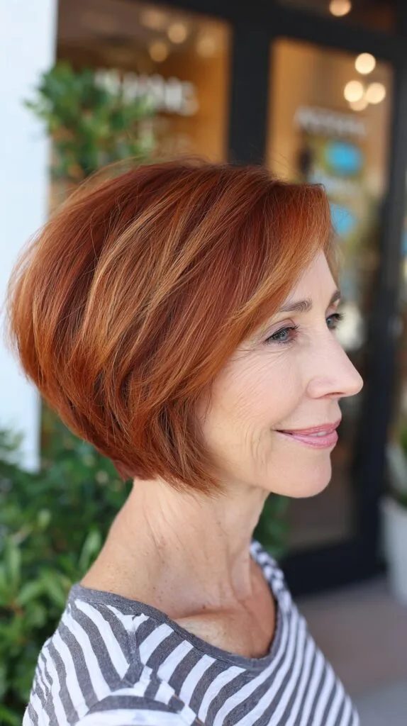 Copper-Red Graduated Inverted Bob with Soft Face-Framing Layers