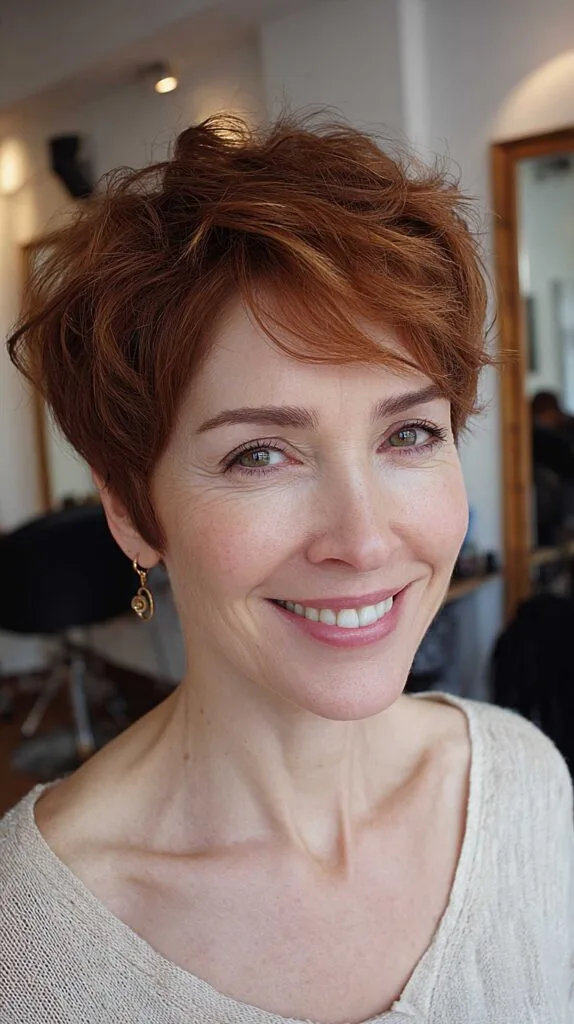 Copper red tousled pixie cut with volume on top