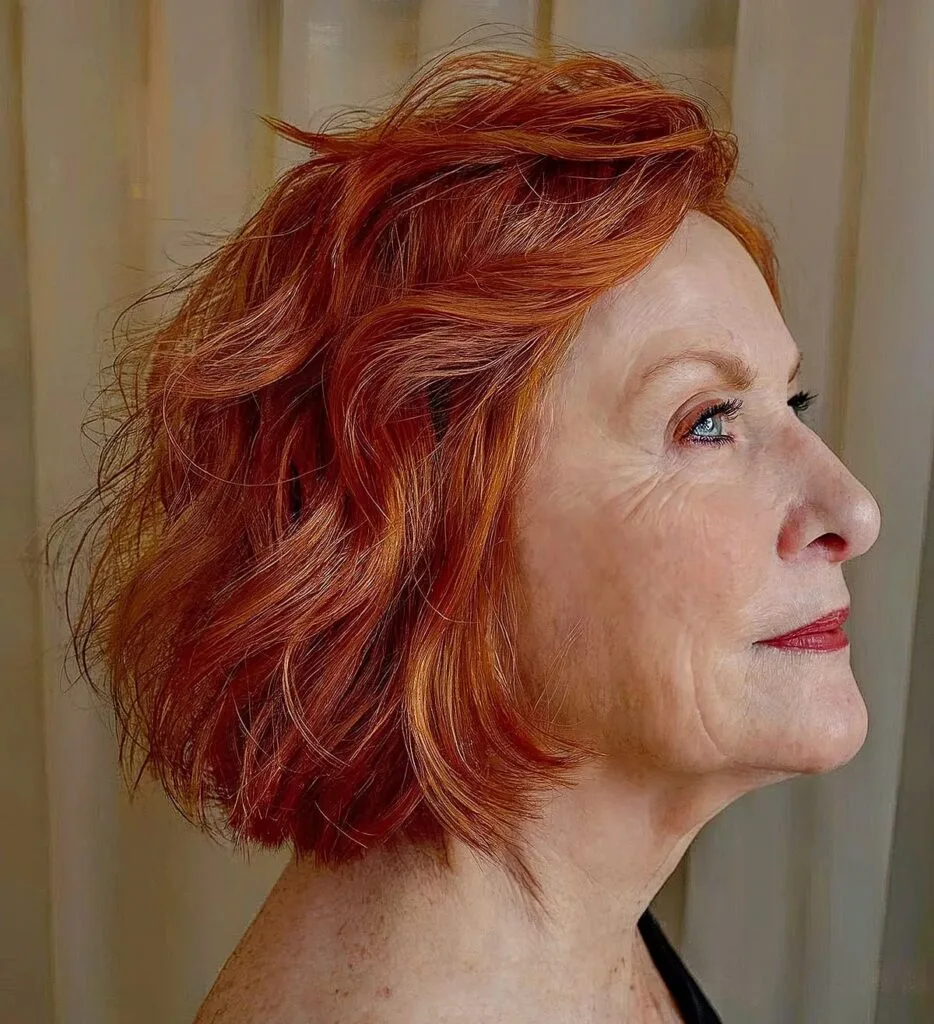 Copper Short Bob with Soft Waves for a Lady Over 60