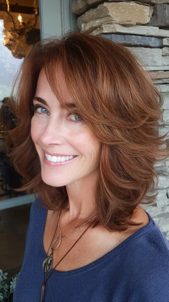 Copper Toned Feathered Bob with Light Waves