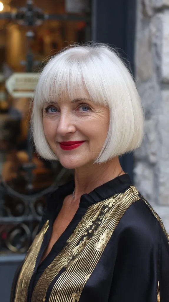 Crisp Platinum Chin-Grazing Bob with Straight Fringe