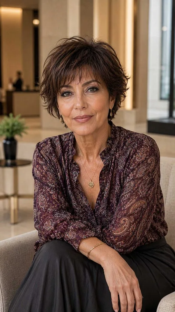 Cropped brunette shag with razored bangs for over 60