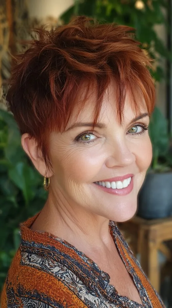 Cropped Copper Textured Pixie with Feathered Crown and Piecey Bangs