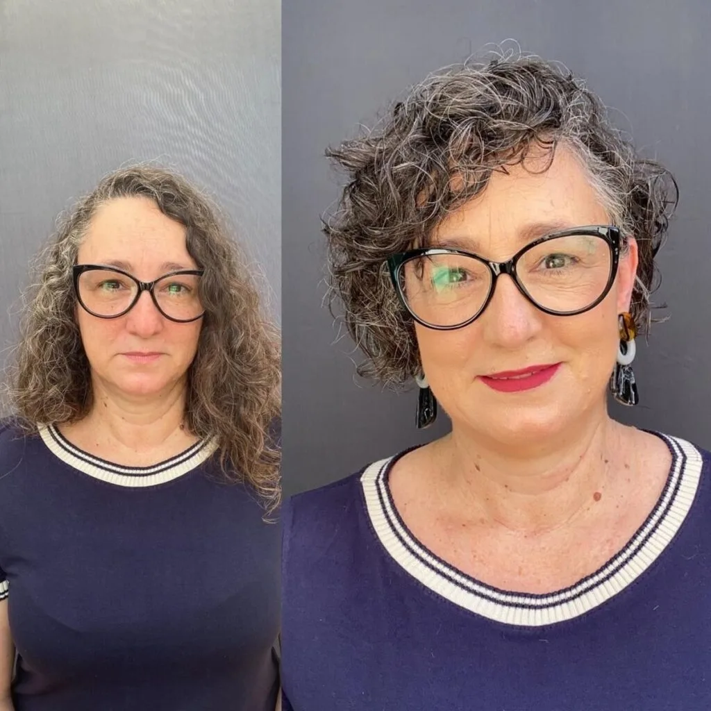 curly bob hairstyle for women in their sixties with glasses