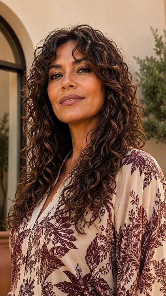 Curly Brunette Shag with Warm Caramel Threading and Loose Curtain Pieces
