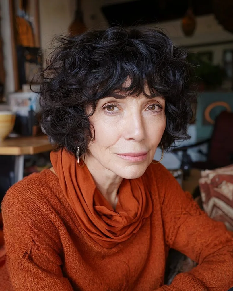 Curly French bob with choppy bangs for women over 60 with natural volume and texture