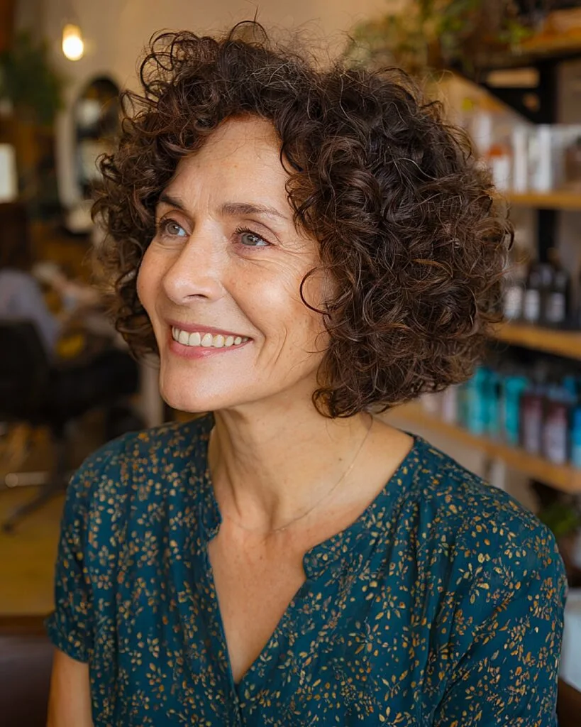 Curly inverted bob for women over 60 with defined natural ringlets and rounded volume