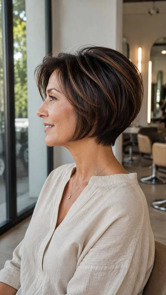 Dark Brunette Stacked Bob with Caramel Threading