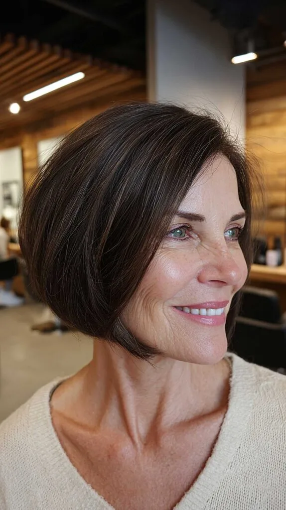 Dark brunette stacked bob with deep side part