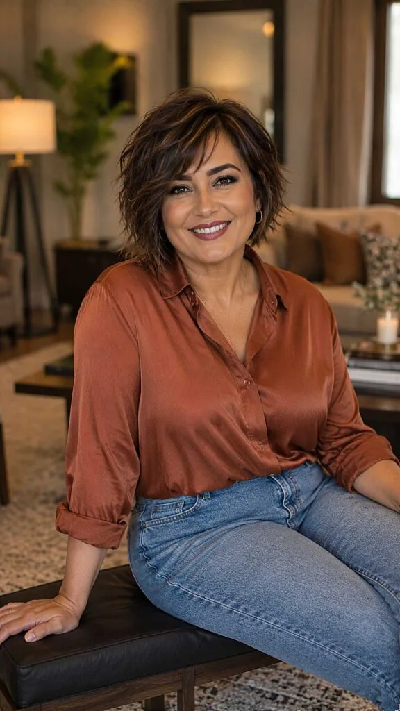 Dark chocolate short choppy bob with full textured fringe