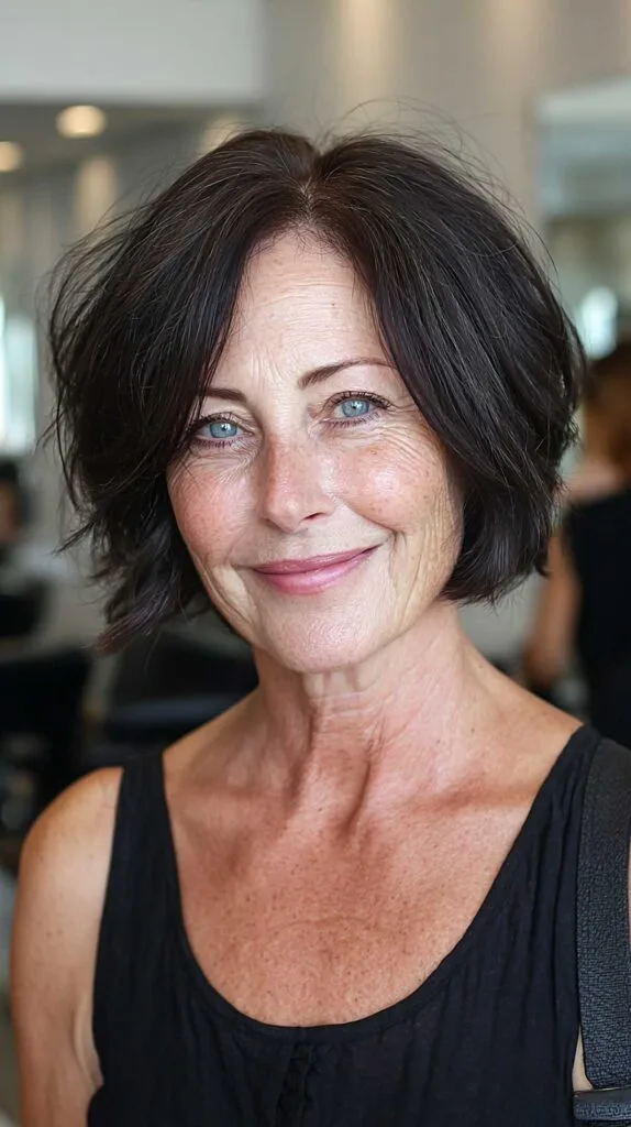 Dark choppy chin-length bob with lived-in texture