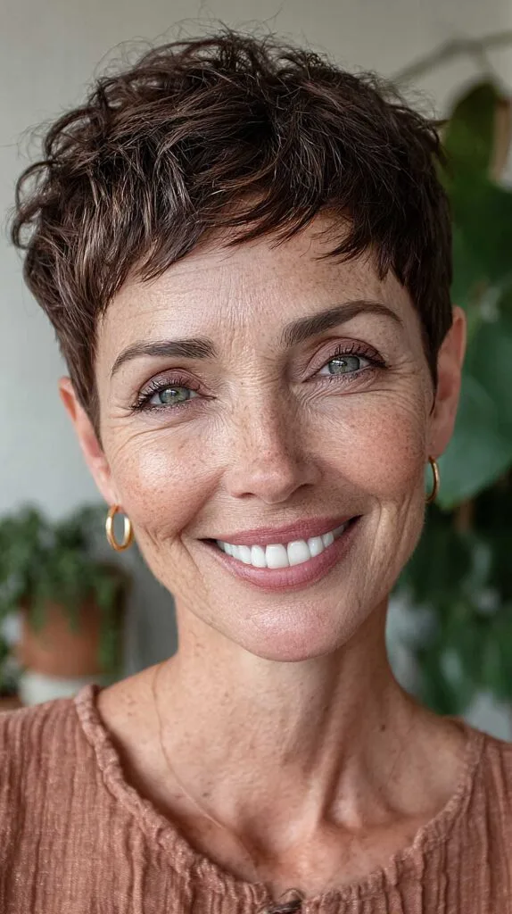 Dark curly textured pixie with closely cropped sides