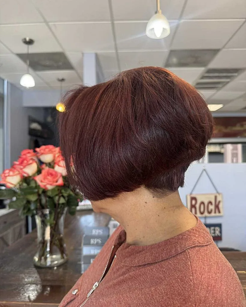 Deep Plum-Red Stacked Bob with Close Tapered Nape